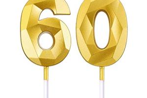 BBTO Bougies de Numéro de 60e Anniversaire 3D Bougies de Gâteau en Forme de Diamant Décoration de Gâteau Topper de Numéro 60 pour Anniversaire Mariage Célébration Fournitures, Or